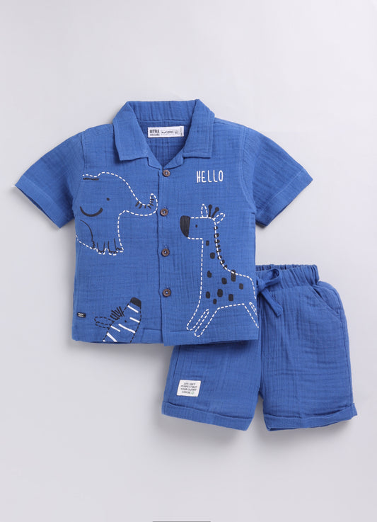 Boys Pure Muslin Cotton Animal World Printed Casual Shirt & Shorts Set - Blue