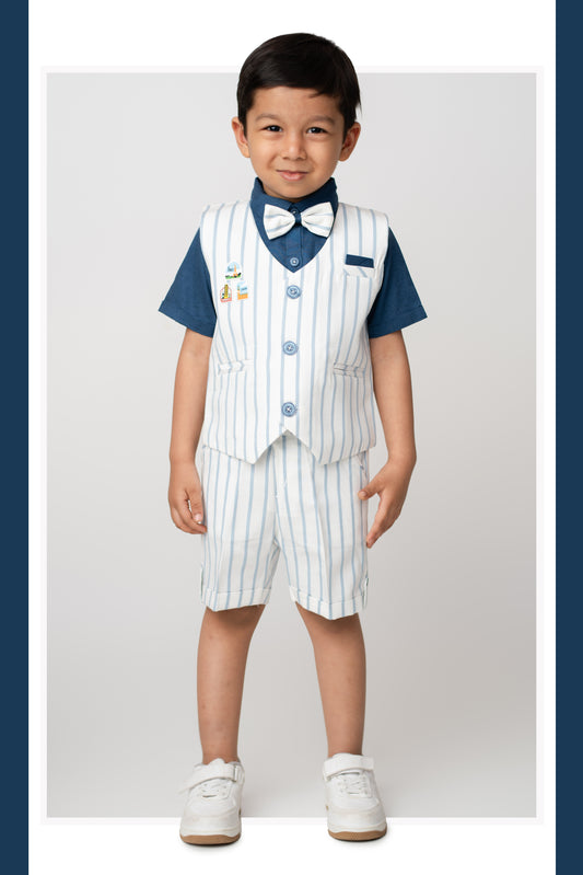 Boys Pure Cotton Formal Striped Waistcoat Shorts with Shirt and Bow Set - Blue