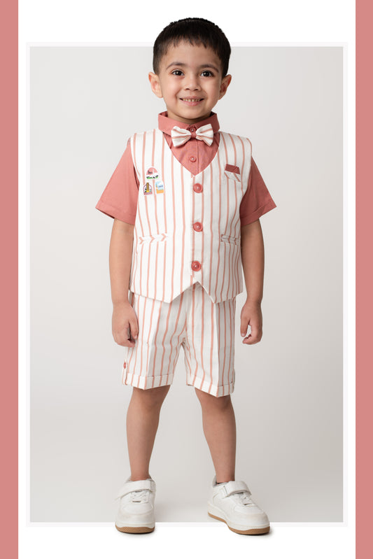 Boys Pure Cotton Formal Striped Waistcoat Shorts with Shirt and Bow Set - Rust