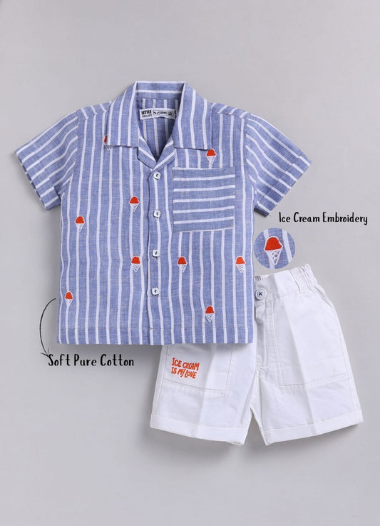 Boys Pure Cottons Striped Icecream Embroidery Shirt and Pant Set- Blue