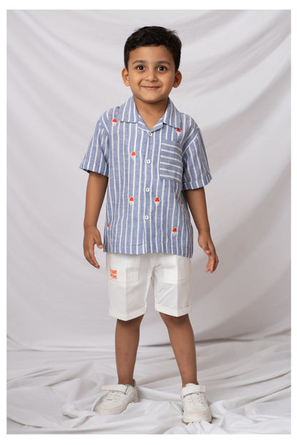 Boys Pure Cottons Striped Icecream Embroidery Shirt and Pant Set- Blue