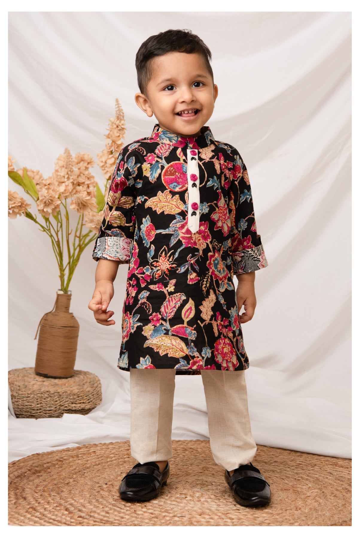 Boys Pure Cotton Woven Super Soft Jaipuri Floral Printed with Handwork detailing Full Sleeve Kurta and Pajama Ethnic Set - Black