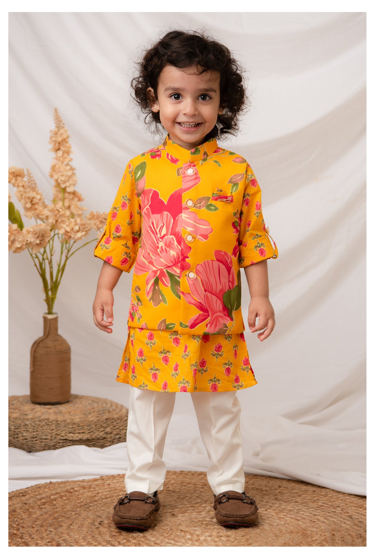 Pure Cotton Woven Bright Floral Jaipuri Printed Full Sleeve Kurta and Pajama Ethnic Set - Mustard
