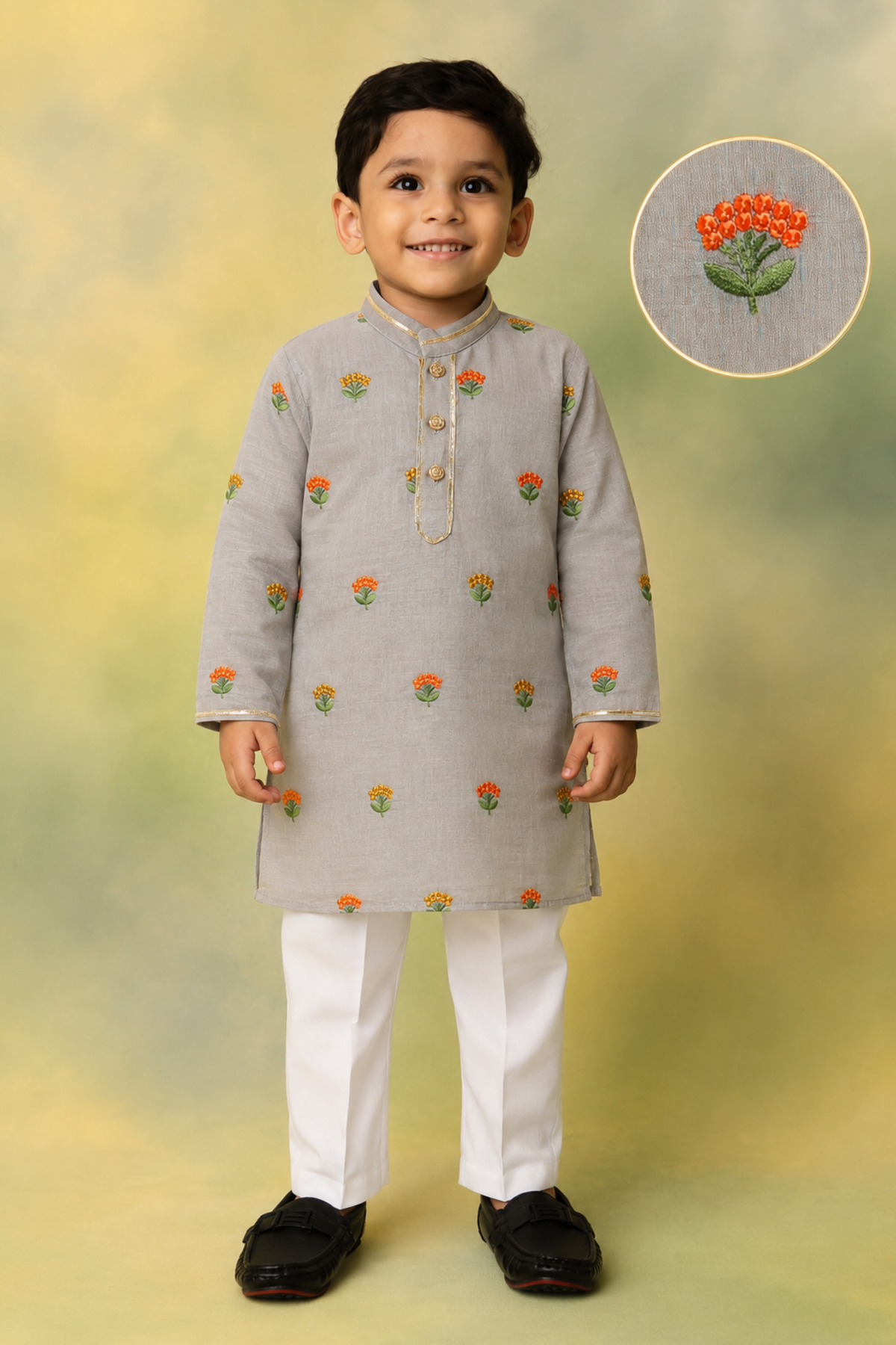 Blended Woven Floral Butti Embroidered Full Sleeves Kurta Pajama Ethnic Set- Earth