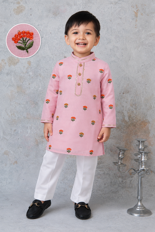 Blended Woven Floral Butti Embroidered Full Sleeves Kurta Pajama Ethnic Set- PINK