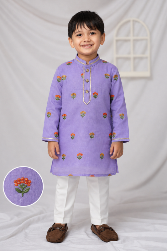 Blended Woven Floral Butti Embroidered Full Sleeves Kurta Pajama Ethnic Set- Purple