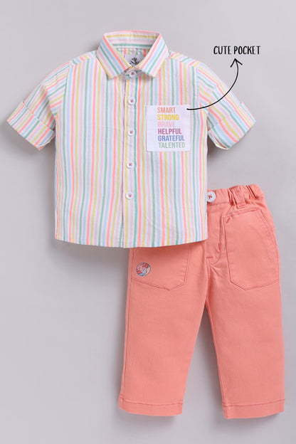 Boys Full Sleeves Cute Pocket, Full Sleeve Striped Shirt and Pant Casual Set- Peach