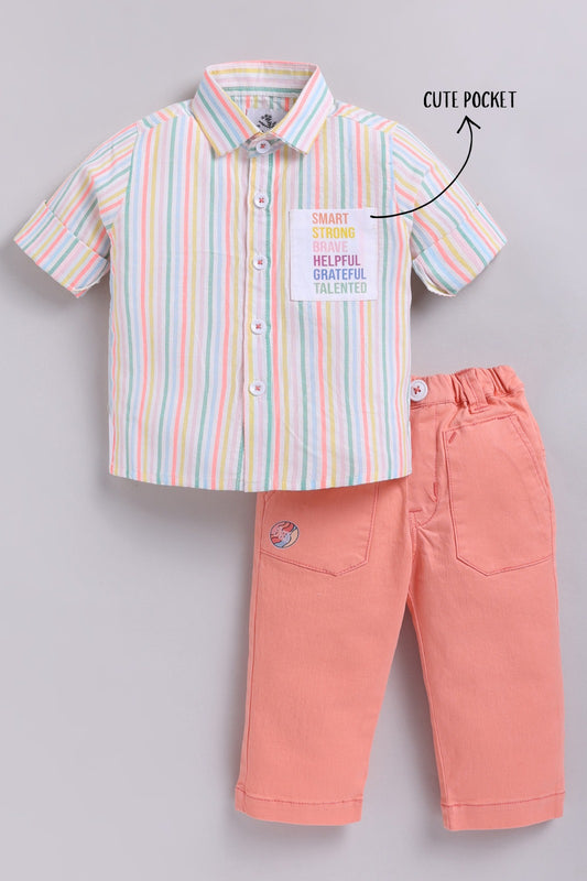 Boys Full Sleeves Cute Pocket, Full Sleeve Striped Shirt and Pant Casual Set- Peach