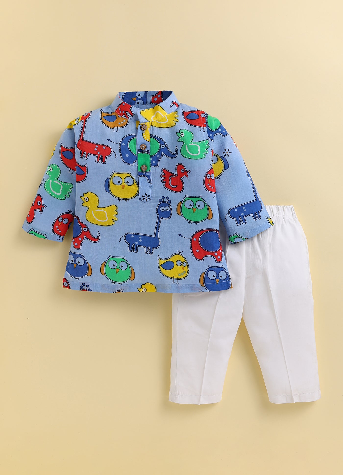 Boys Pure Cotton Fun Animal Printed Full Sleeve Kurta and Pajama Ethnic Set - Blue