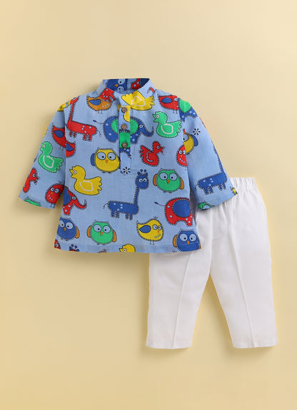 Boys Pure Cotton Fun Animal Printed Full Sleeve Kurta and Pajama Ethnic Set - Blue