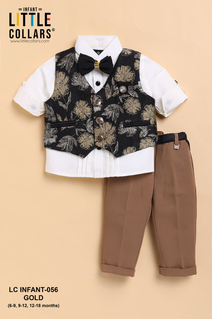 Jaquard Woven Full Sleeves Floral Waistcoat Pant with Shirt Bow and Brooch Jacket Set- Gold