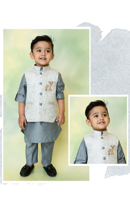 Grey Boys Reindeer Ethnic Jacket Kurta Pajama Set
