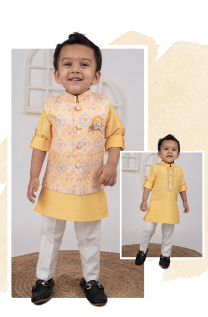 Yellow Ethnic Wedding Wear Nehru Jacket Kurta Pajama set