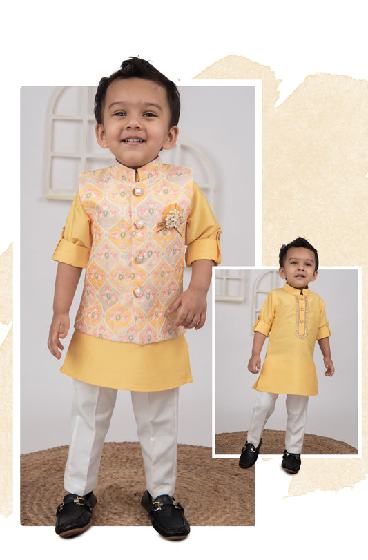 Yellow Ethnic Wedding Wear Nehru Jacket Kurta Pajama set