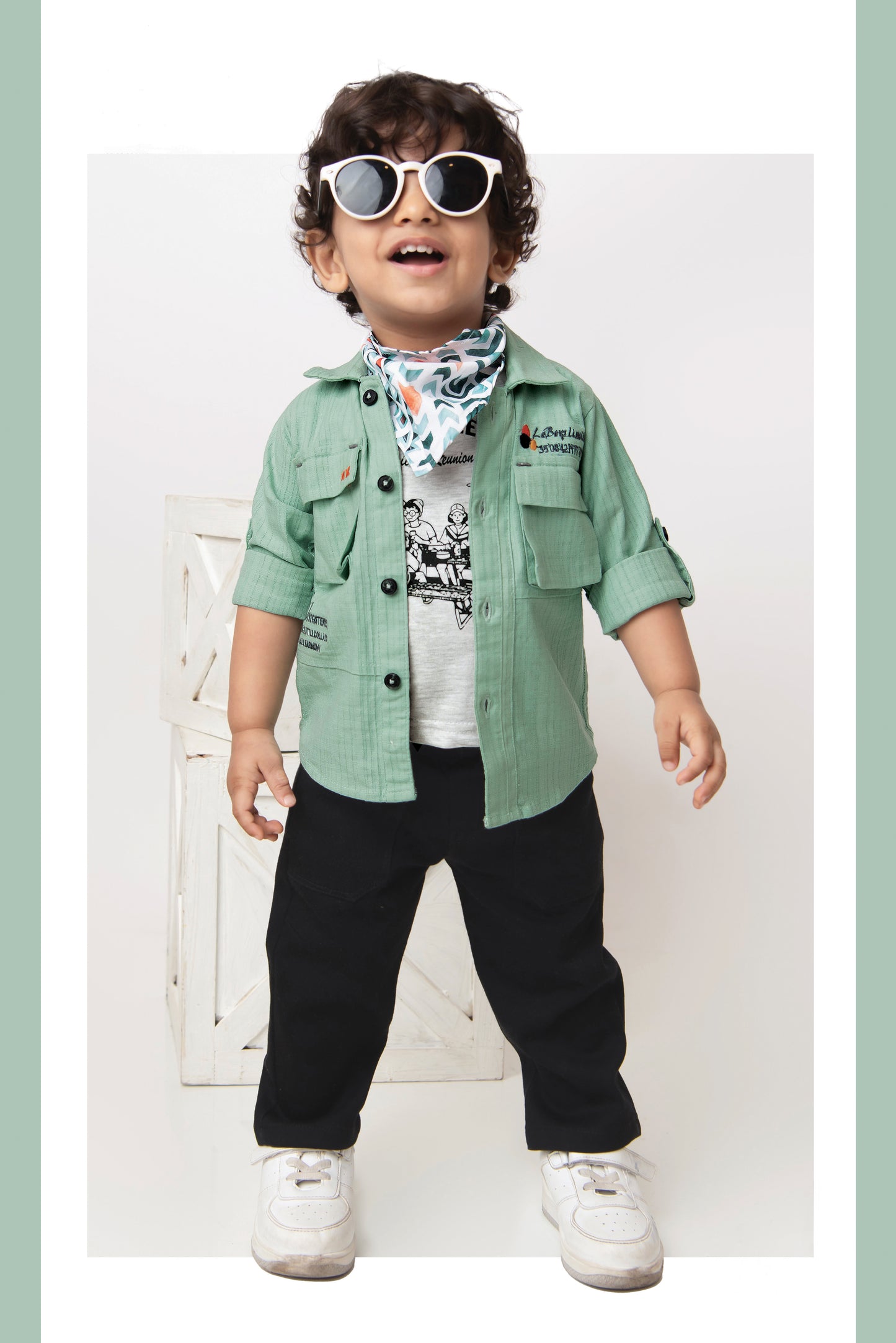 Cotton Woven Full Sleeves Solid Shirt and Pants, Tshirt and Printed Scarf Casual Set-Green