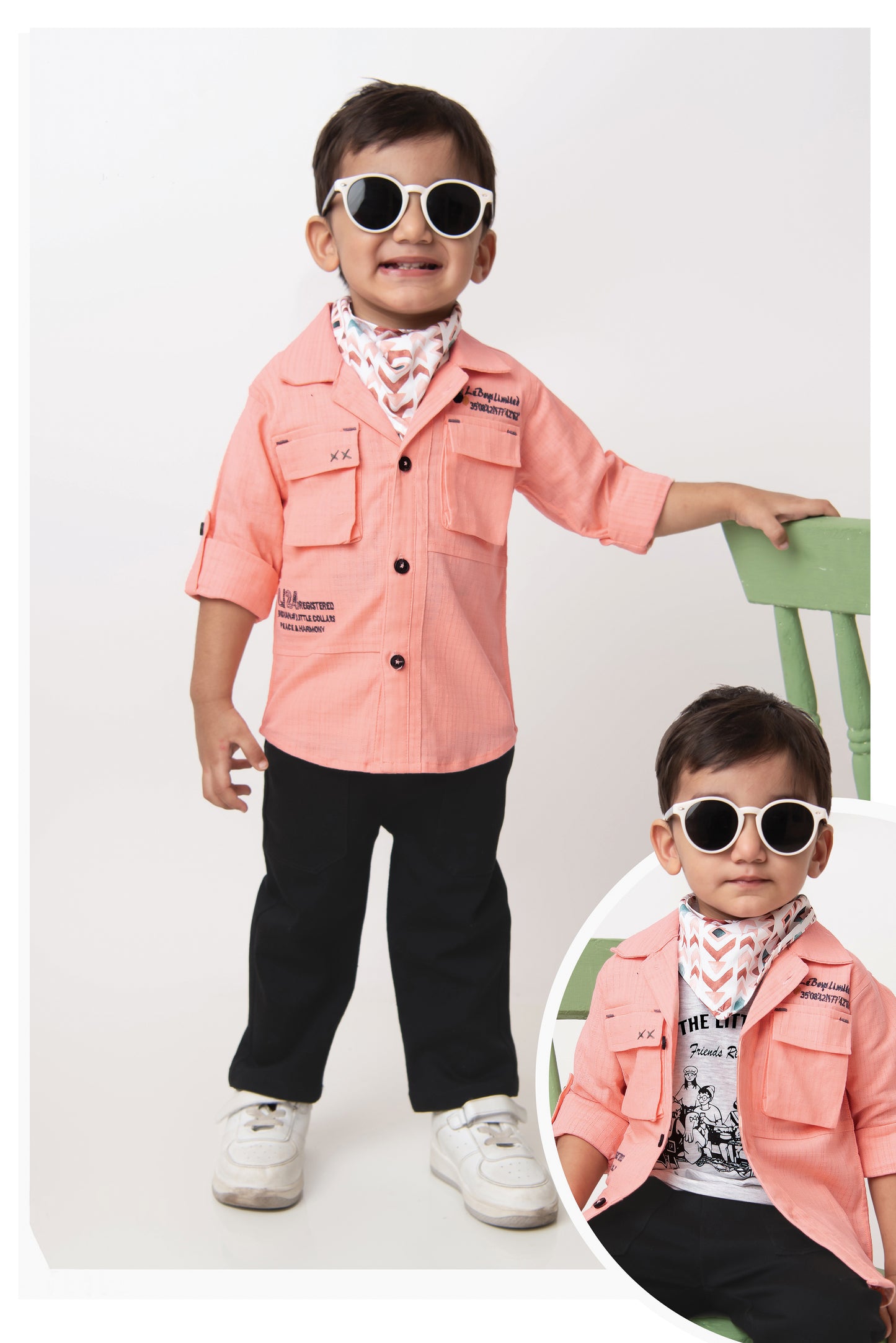 Cotton Woven Full Sleeves Solid Shirt and Pants, Tshirt and Printed Scarf Casual Set-Peach