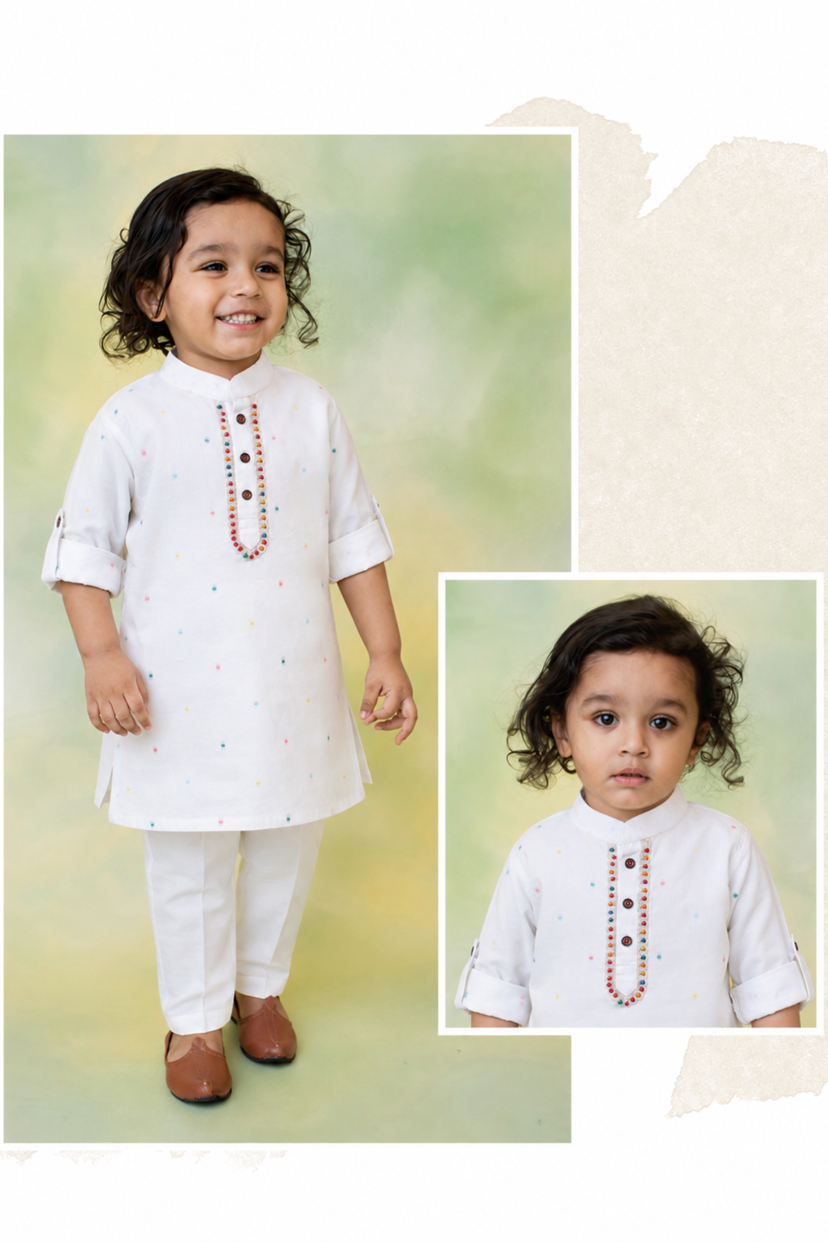 Boys Pure Cotton Woven Multicolour Butta Full Sleeve Super Soft Kurta and Pajama Ethnic Set - White