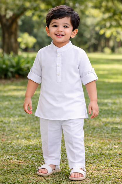 Cotton Blended Woven Full Sleeves Holi Special Kurta Pajama Set - White