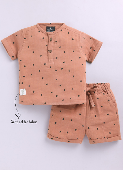 Boys Musin Cotton Kurta Shirt and Shorts Set - Brick