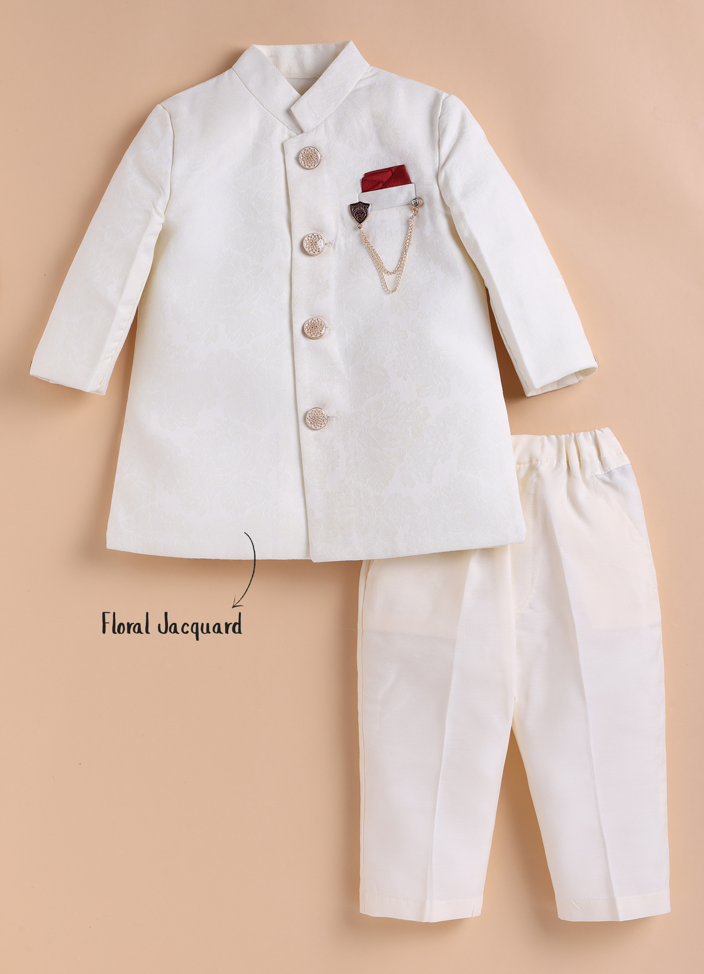 Boys Floral Jacquard Achkan, Trouser Partywear set - Cream