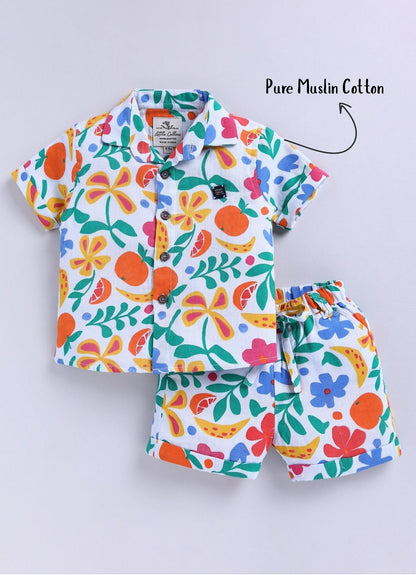 Boys Muslin Cotton Shirt Half Pant Coord Set- Multi