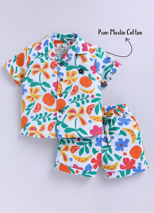 Boys Muslin Cotton Shirt Half Pant Coord Set- Multi
