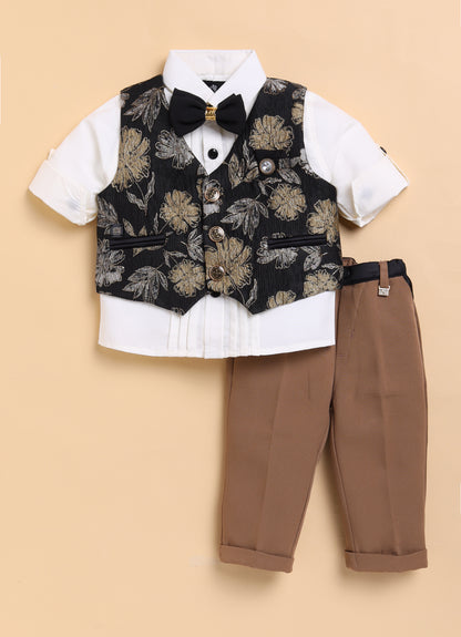 Jaquard Woven Full Sleeves Floral Waistcoat Pant with Shirt Bow and Brooch Jacket Set- Gold