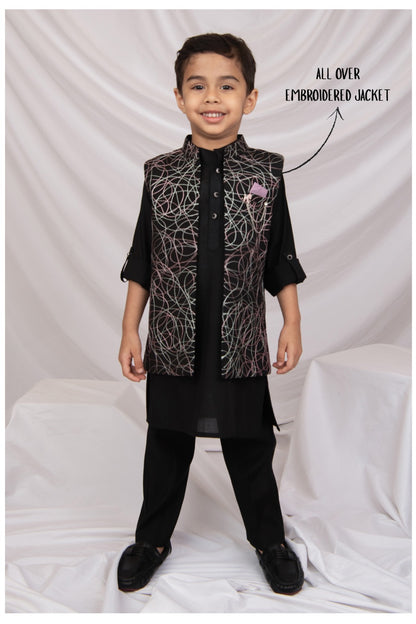 Boys Blended Silk Heavy Embroidered  Nehru Jacket Full Sleeves Kurta and Pajama with Brooch Ethnic Set - Black