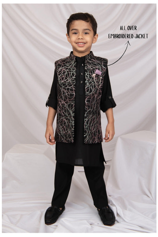 Boys Blended Silk Heavy Embroidered  Nehru Jacket Full Sleeves Kurta and Pajama with Brooch Ethnic Set - Black