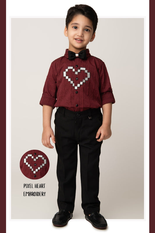 Boys  Full Sleeves Formal Jaquard and Heart Patch Shirt and Trousers with Bow Set- Maroon