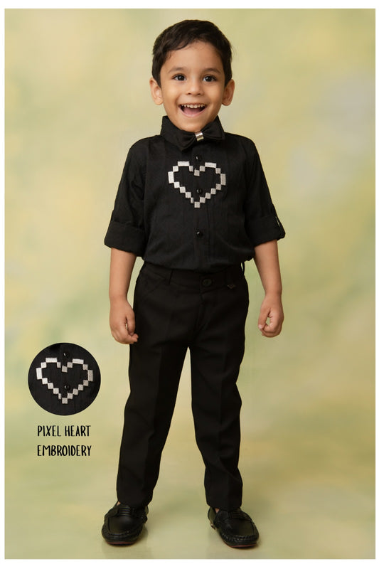 Boys  Full Sleeves Formal Jaquard and Heart Patch Shirt and Trousers with Bow Set- Black