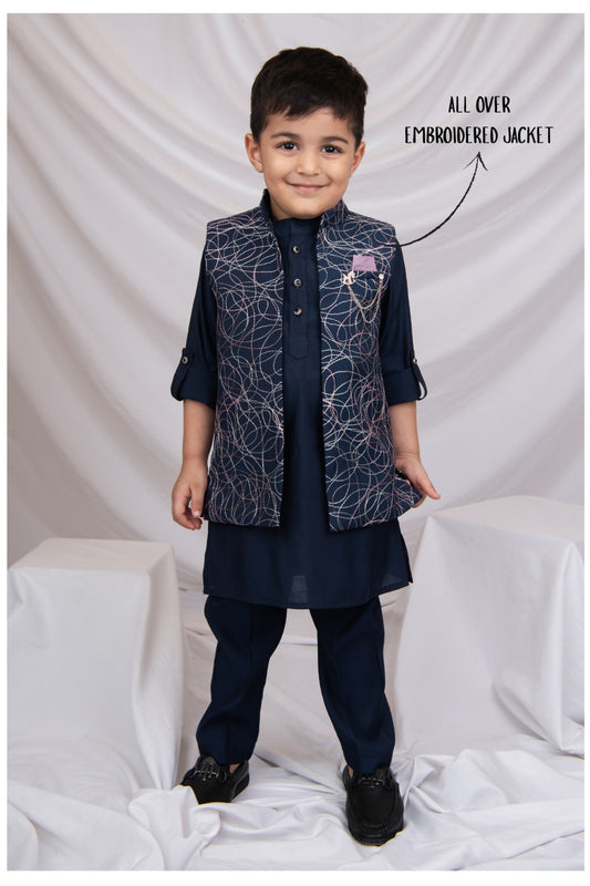 Boys Blended Silk Heavy Embroidered  Nehru Jacket Full Sleeves Kurta and Pajama with Brooch Ethnic Set - Blue