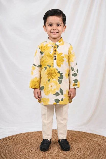 Boys Cotton Flax Jaipuri Floral Printed Full Sleeve Kurta and Pajama Ethnic Set - Yellow