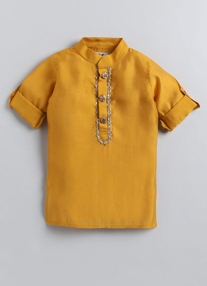LITTLE COLLARS Cotton Silk Full Sleeves Sequins & Lace Embellished Threadwork Embroidered Kurta Pyjama With Jacket Set - Mustard