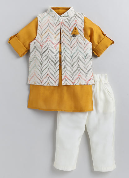 LITTLE COLLARS Cotton Silk Full Sleeves Sequins & Lace Embellished Threadwork Embroidered Kurta Pyjama With Jacket Set - Mustard