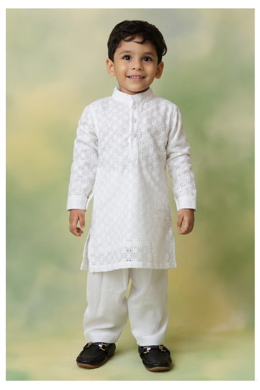 White Festive All Over Embroidered Chikankari Pathani Kurta with Patiala Pants