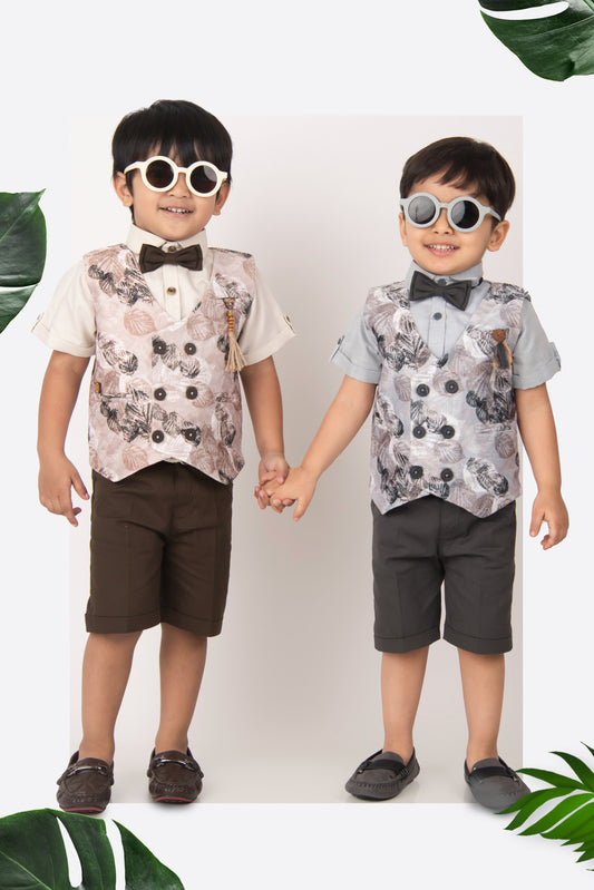 Coffee Digital Printed Waistcoat Shirt Pant set with Bow