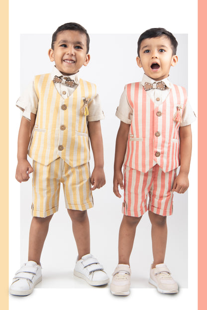 Yellow Striped Bright Waistcoat Shirt Pant Coord set with Bow
