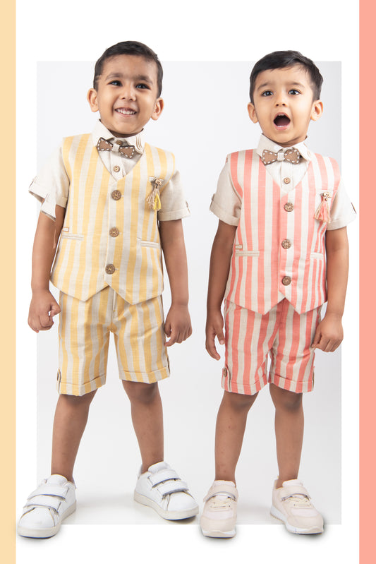 Yellow Striped Bright Waistcoat Shirt Pant Coord set with Bow