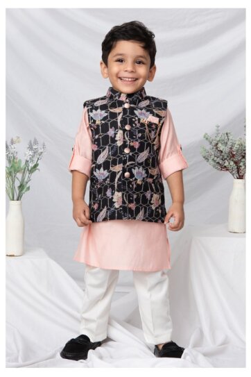 Silk Blended Floral Printed and Embroidered Full Sleeves Pack of 4 Kurta Pajama with Nehru Jacket and Brooch Pin Ethnic Set- Black