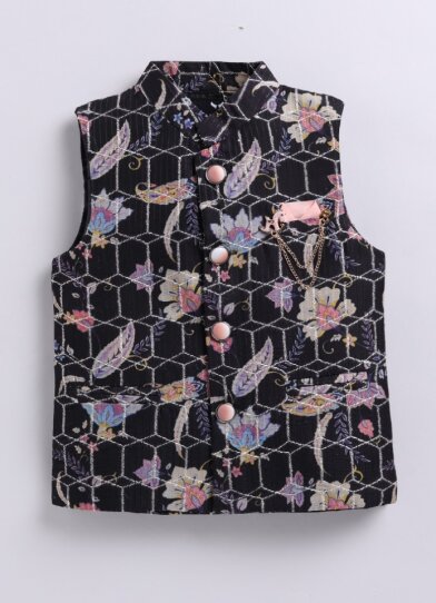Silk Blended Floral Printed and Embroidered Full Sleeves Pack of 4 Kurta Pajama with Nehru Jacket and Brooch Pin Ethnic Set- Black