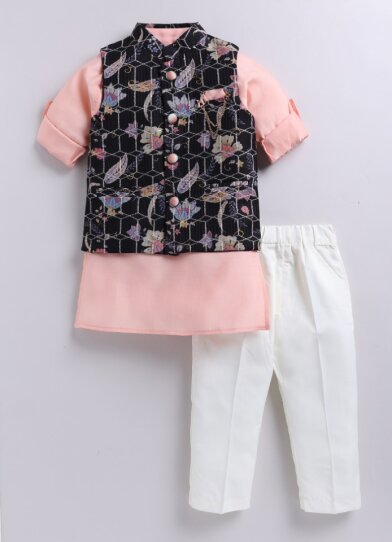 Silk Blended Floral Printed and Embroidered Full Sleeves Pack of 4 Kurta Pajama with Nehru Jacket and Brooch Pin Ethnic Set- Black