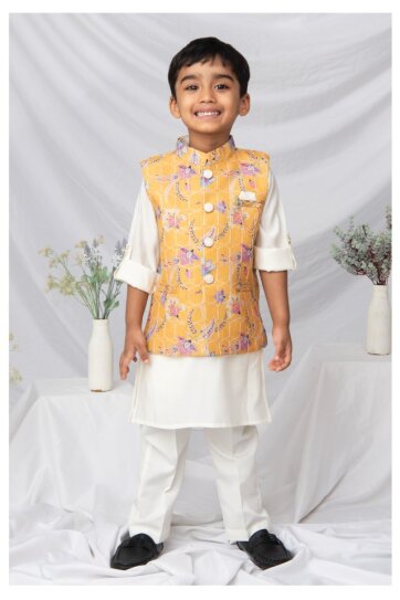 Silk Blended Floral Printed and Embroidered Full Sleeves Pack of 4 Kurta Pajama with Nehru Jacket and Brooch Pin Ethnic Set- Lemon