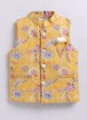 Silk Blended Floral Printed and Embroidered Full Sleeves Pack of 4 Kurta Pajama with Nehru Jacket and Brooch Pin Ethnic Set- Lemon