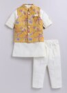 Silk Blended Floral Printed and Embroidered Full Sleeves Pack of 4 Kurta Pajama with Nehru Jacket and Brooch Pin Ethnic Set- Lemon