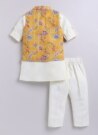 Silk Blended Floral Printed and Embroidered Full Sleeves Pack of 4 Kurta Pajama with Nehru Jacket and Brooch Pin Ethnic Set- Lemon