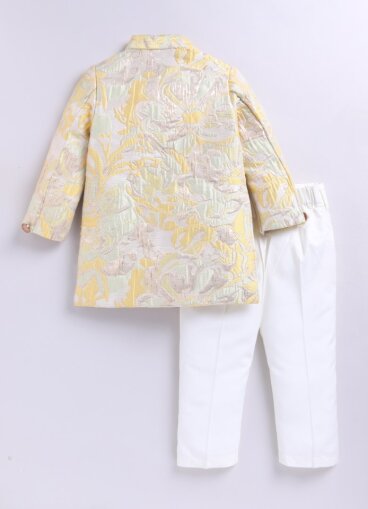 Blended Silk Full Sleeves Self Texture Achkan Bandhgala with Pants and Brooch Ethnicwear Set- Yellow