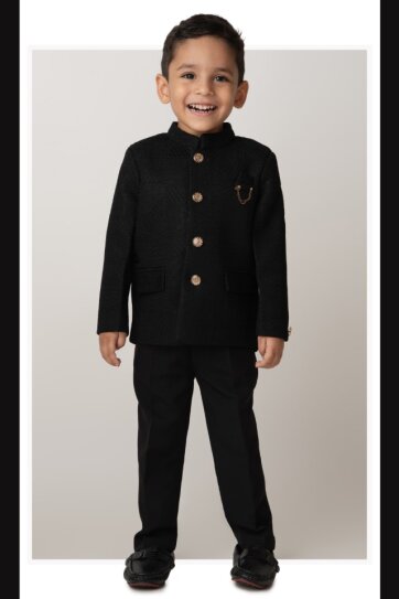 Boys Woven Jaquard Prince Coat & Trouser Coat Set with Brooch - Black