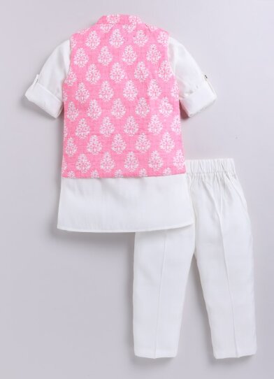 Silk Blended Motif Printed Full Sleeves Pack of 4 Kurta Pajama with Nehru Jacket and Brooch Pin Ethnic Set- Pink