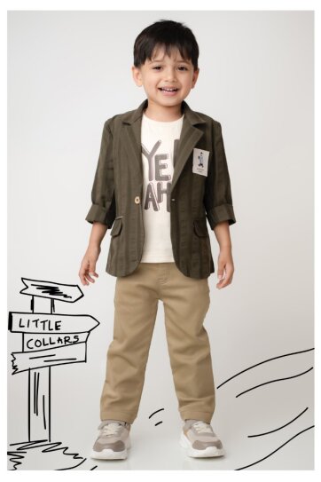 Boys Cotton Casual Blazer T-Shirt & Pant Coat Set - Green